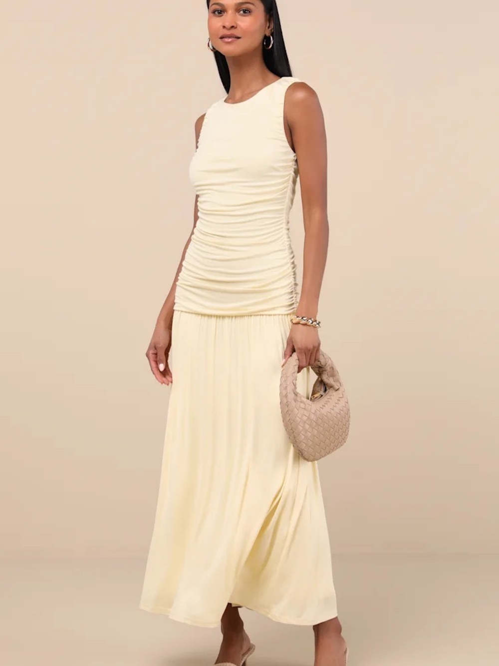 Lulu's Tamper Light Yellow Jersey Drop-Waist Midi Dress